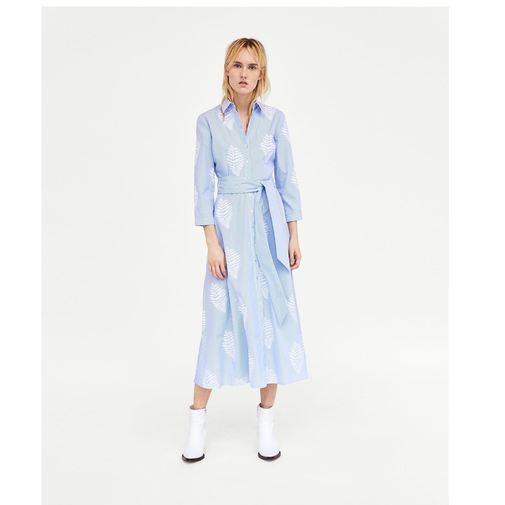 Zara Woman Blue White Striped Embroidered Fern Leaf Midi Shirt Dress XS